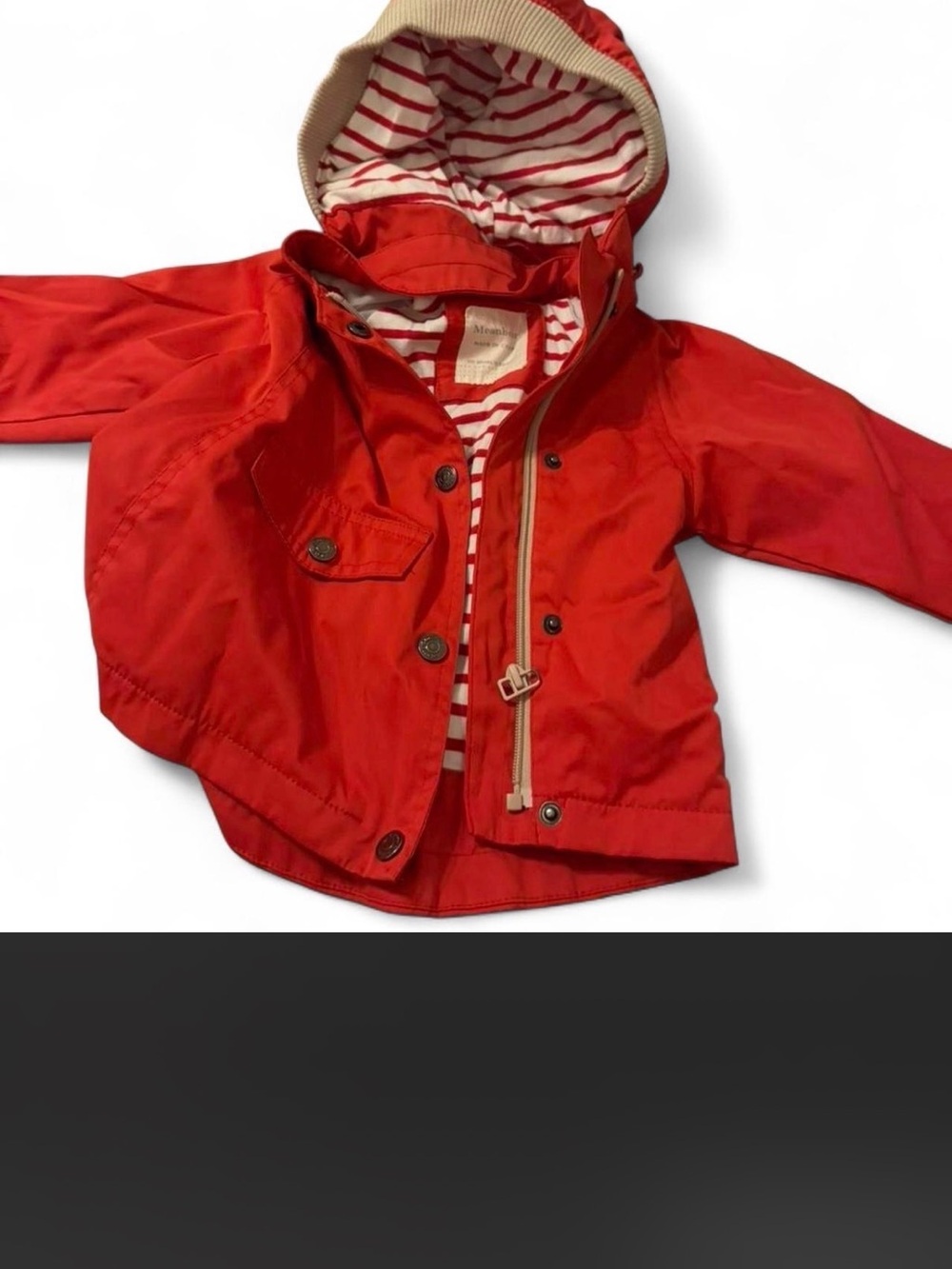 Children's Hooded Red Rain Jacket with Striped Lining
